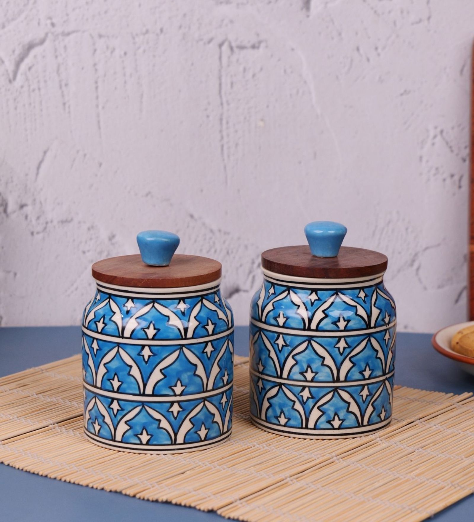 Turquoise Jodhpuri Hand Painted Ceramic Jar with Wooden Lid Set of 2