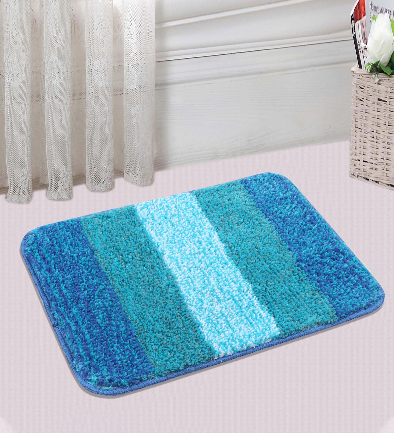 Blue Geometric Microfibre 20x14 Inches AntiSkid Bath Mat (Set of 2)