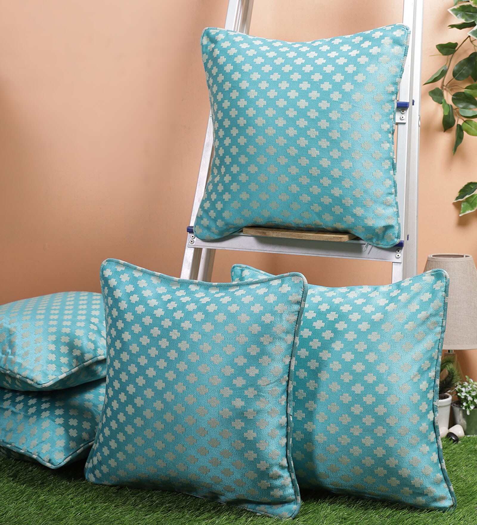 Turquoise Geometric Poly Cotton 16 x 16 Inches Cushion Covers (Set of 5)