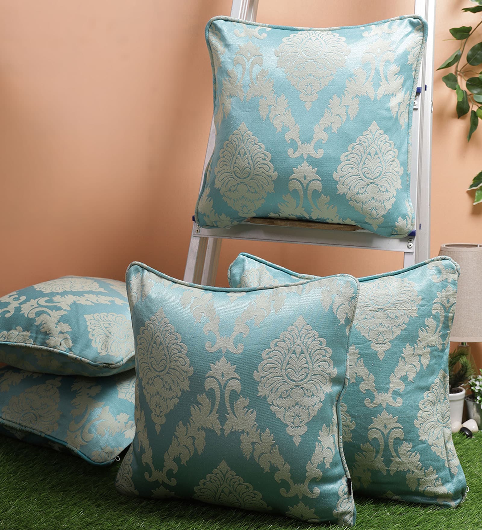 Turquoise Traditional Poly Cotton 16 x 16 Inches Cushion Covers (Set of 5)