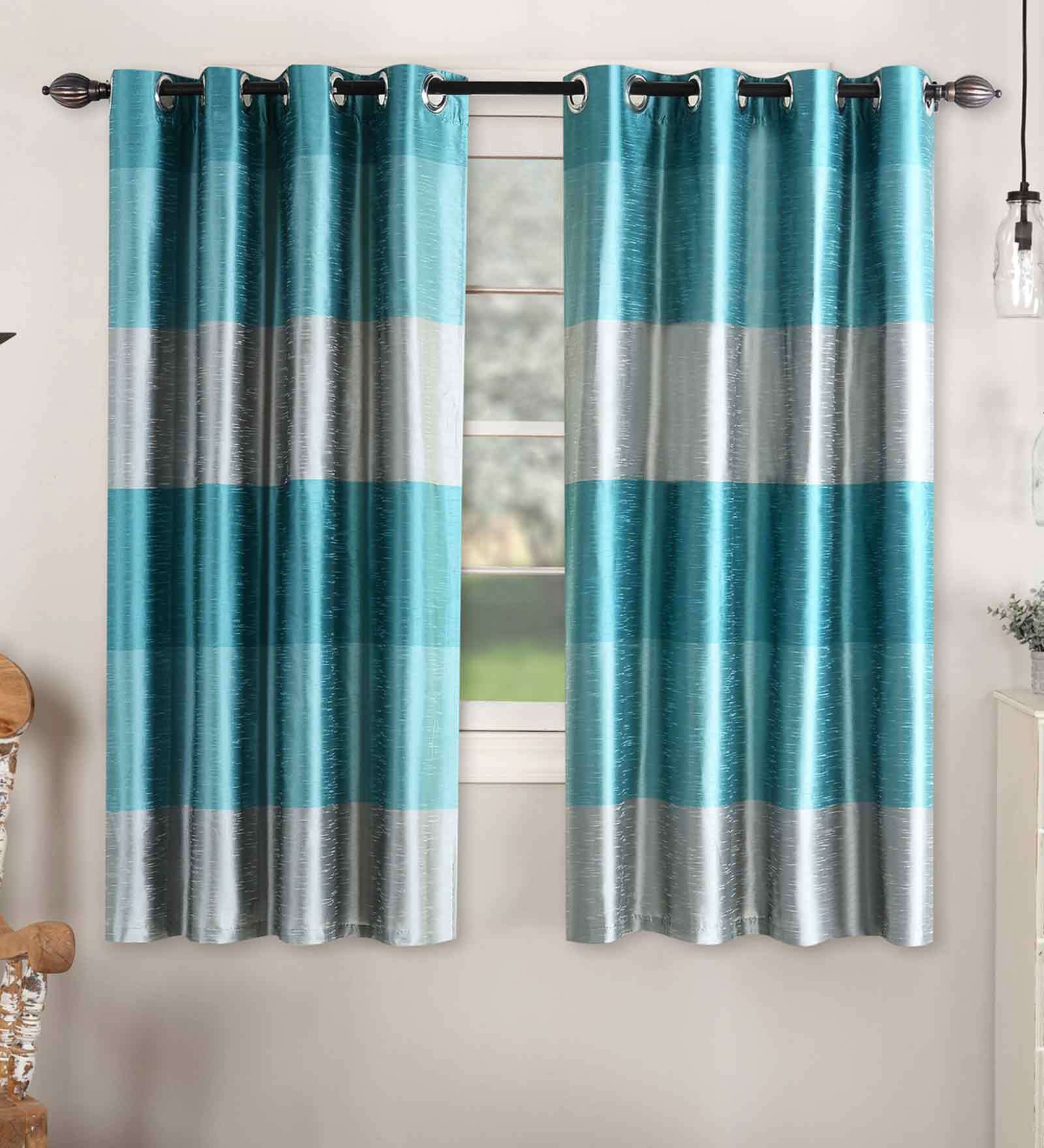 Turquoise Polyester Striped 5 Ft Blackout Eyelet 2 Window Curtains