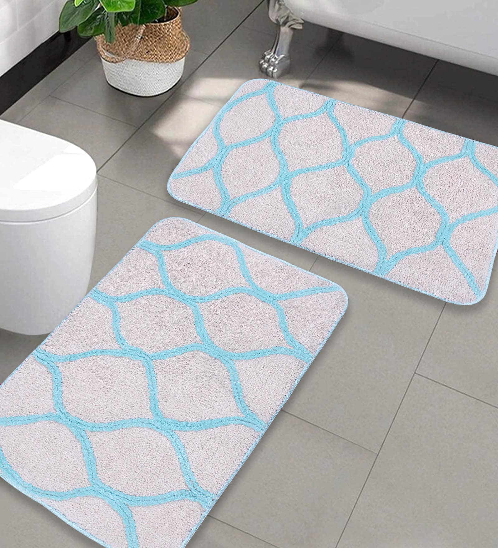 Turquoise Abstract Microfibre 26x18 Inches AntiSkid Bath Mats (Set of 2)