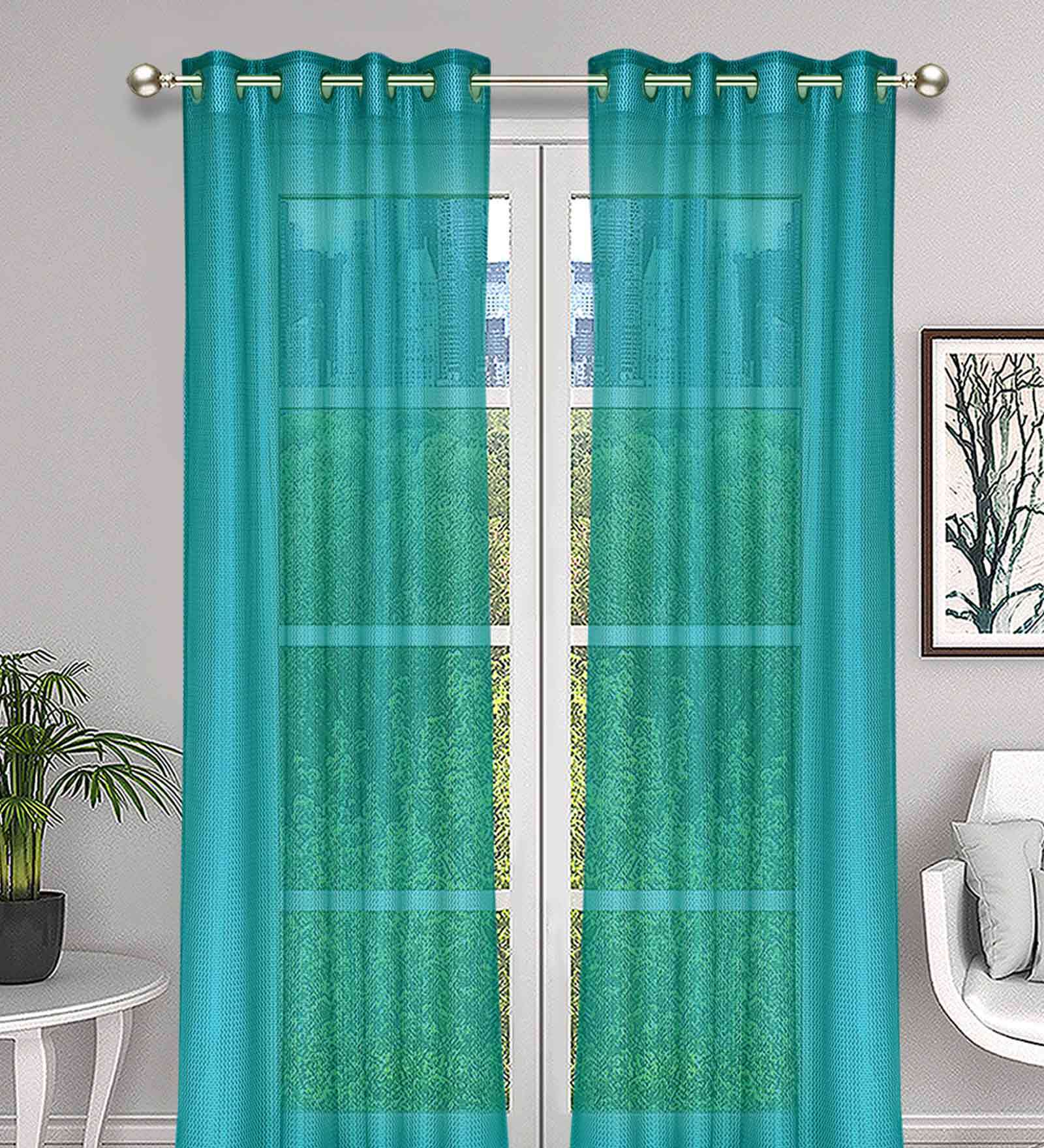 Turquoise Blue Solid Tissue 9 Ft Sheer Eyelet Door Curtains (Set of 2)