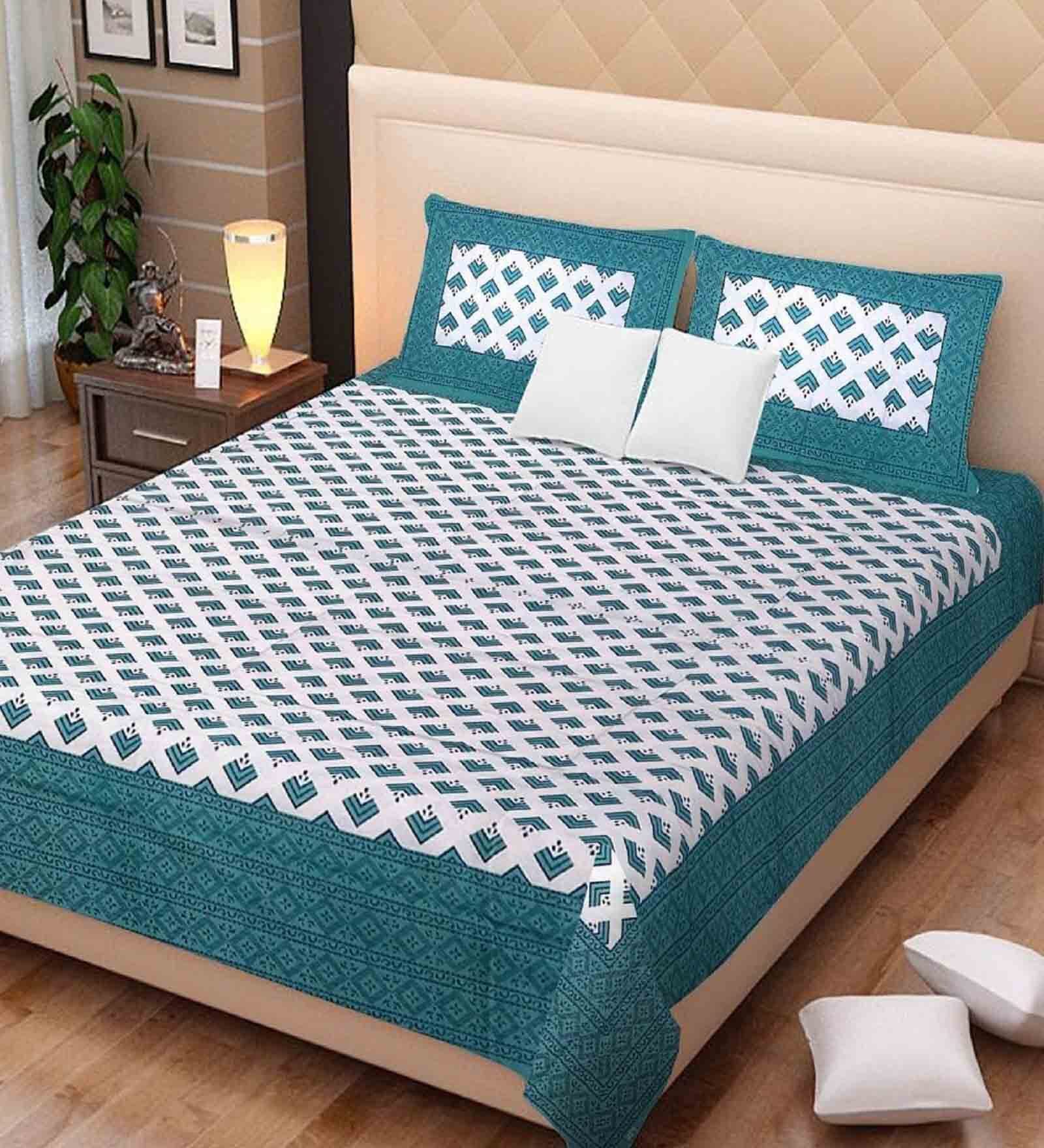 Turquoise Traditional 120 TC 100% Cotton Queen Bedsheet With 2 Pillow Covers