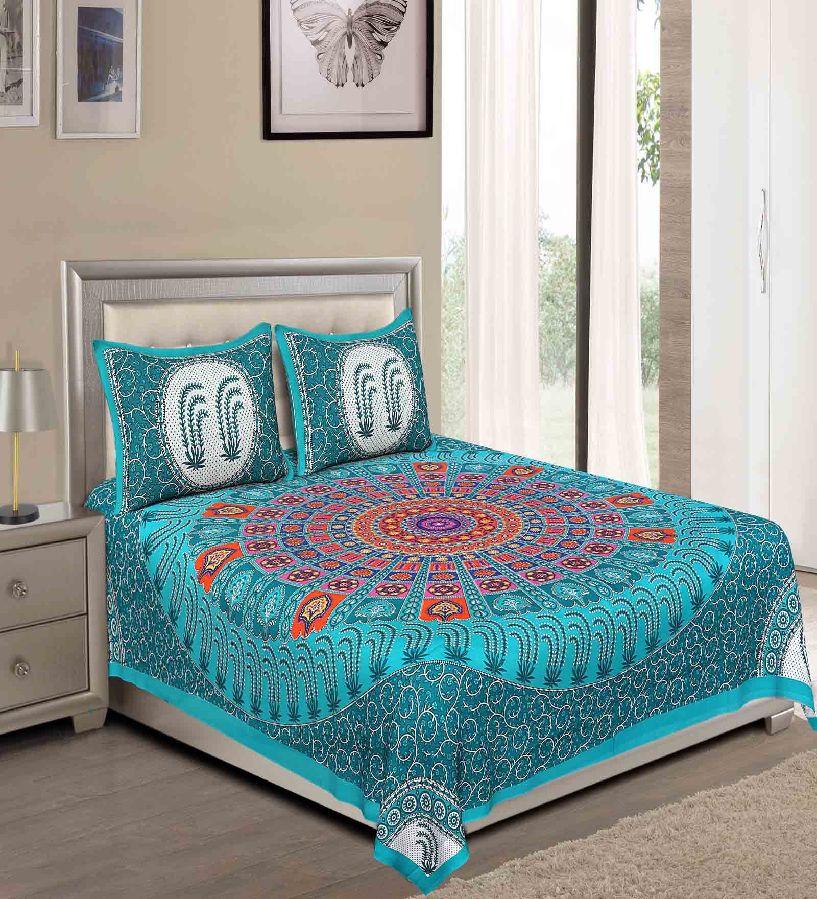 Turquoise Traditional 120 TC 100% Cotton Queen Bedsheet With 2 Pillow Covers