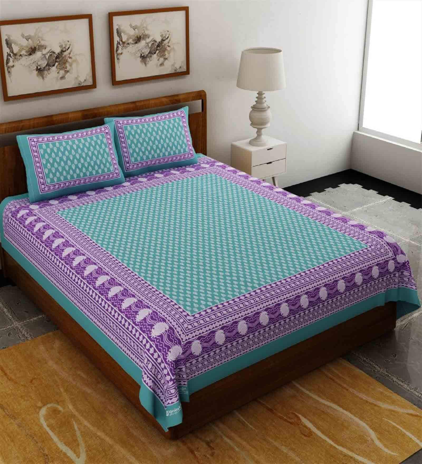 Turquoise Traditional 120 TC 100% Cotton Queen Bedsheet With 2 Pillow Covers