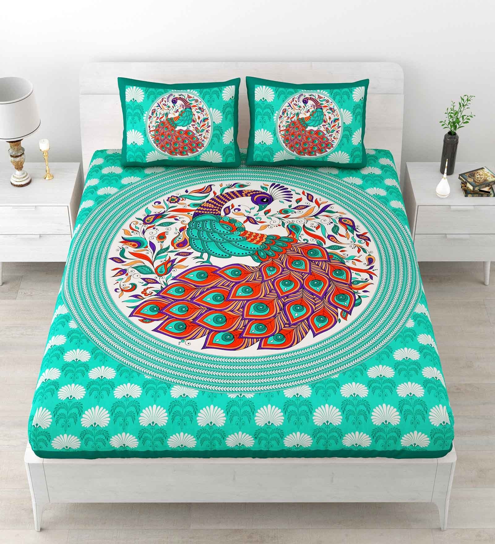 Turquoise Traditional 120 TC Cotton Queen Sized Bedsheet with 2 Pillow Cover