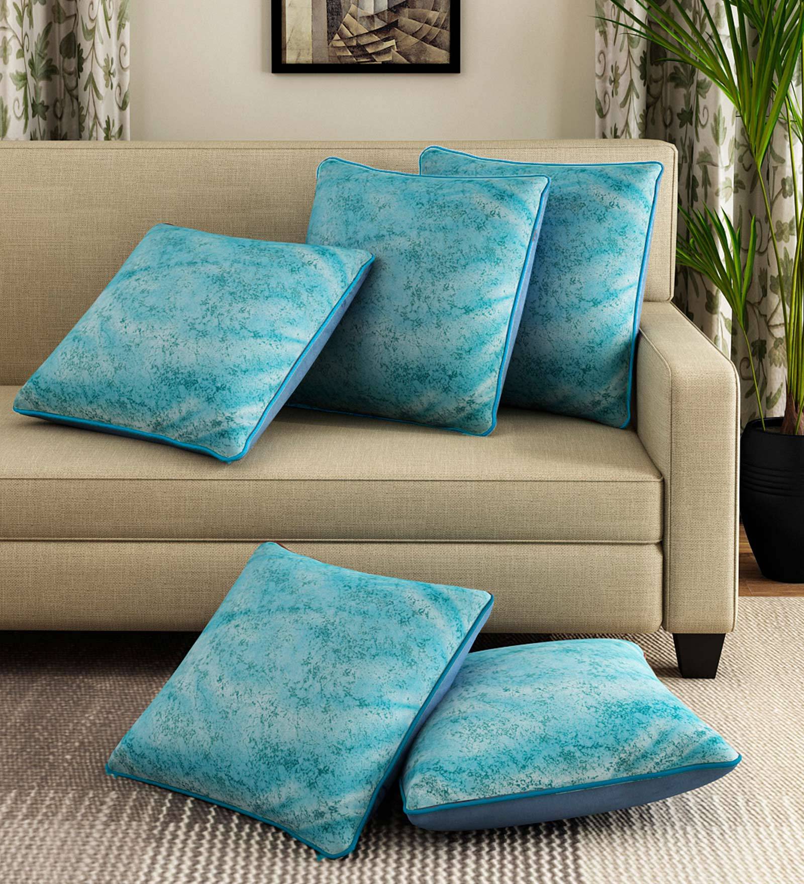 Buy Set of 5 Abstract Pattern Velvet Blue Cushion Covers 16 x 16 inches