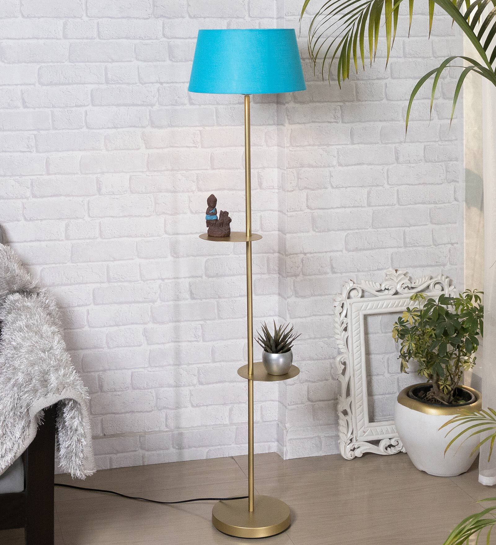 Felicity Turqouise Cotton Shade Shelf Floor Lamp With Metal Base