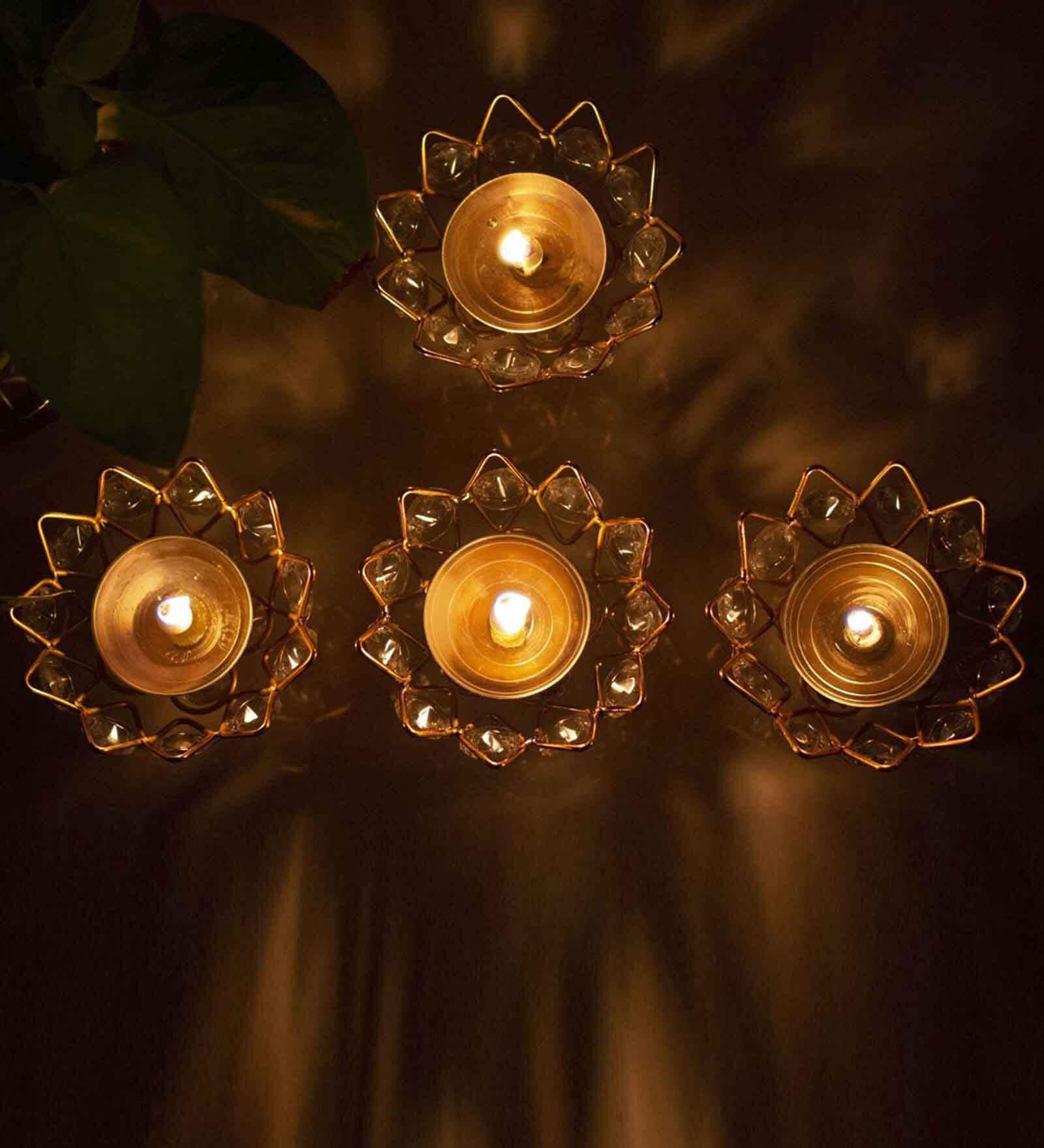 (Set of 4) Brass Akhand Diya (Gold)