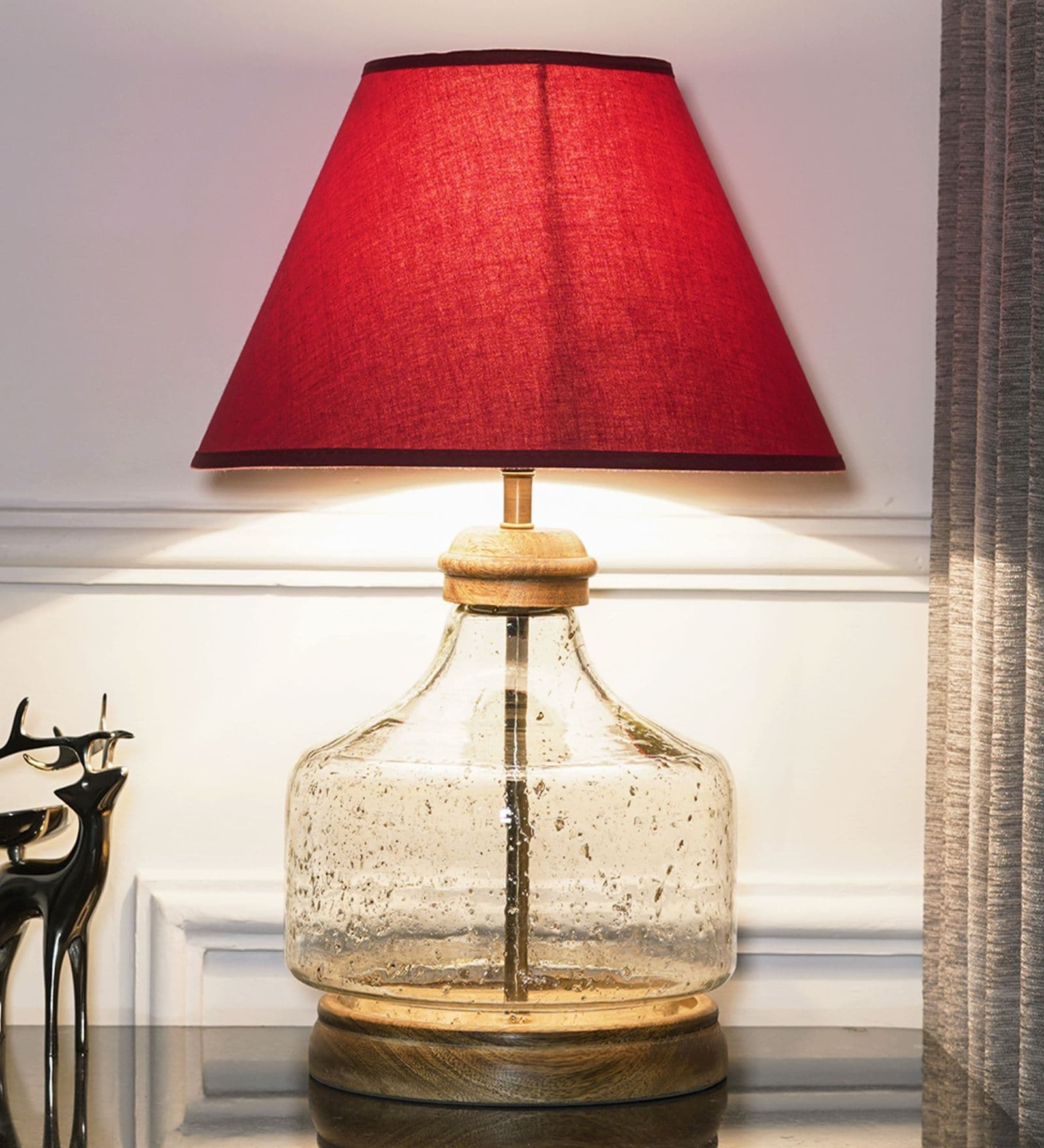 Buy Tuscan Glass And Wood Table Lamp With Maroon Cotton Shade At 40 Off By Kapoor Lampshades