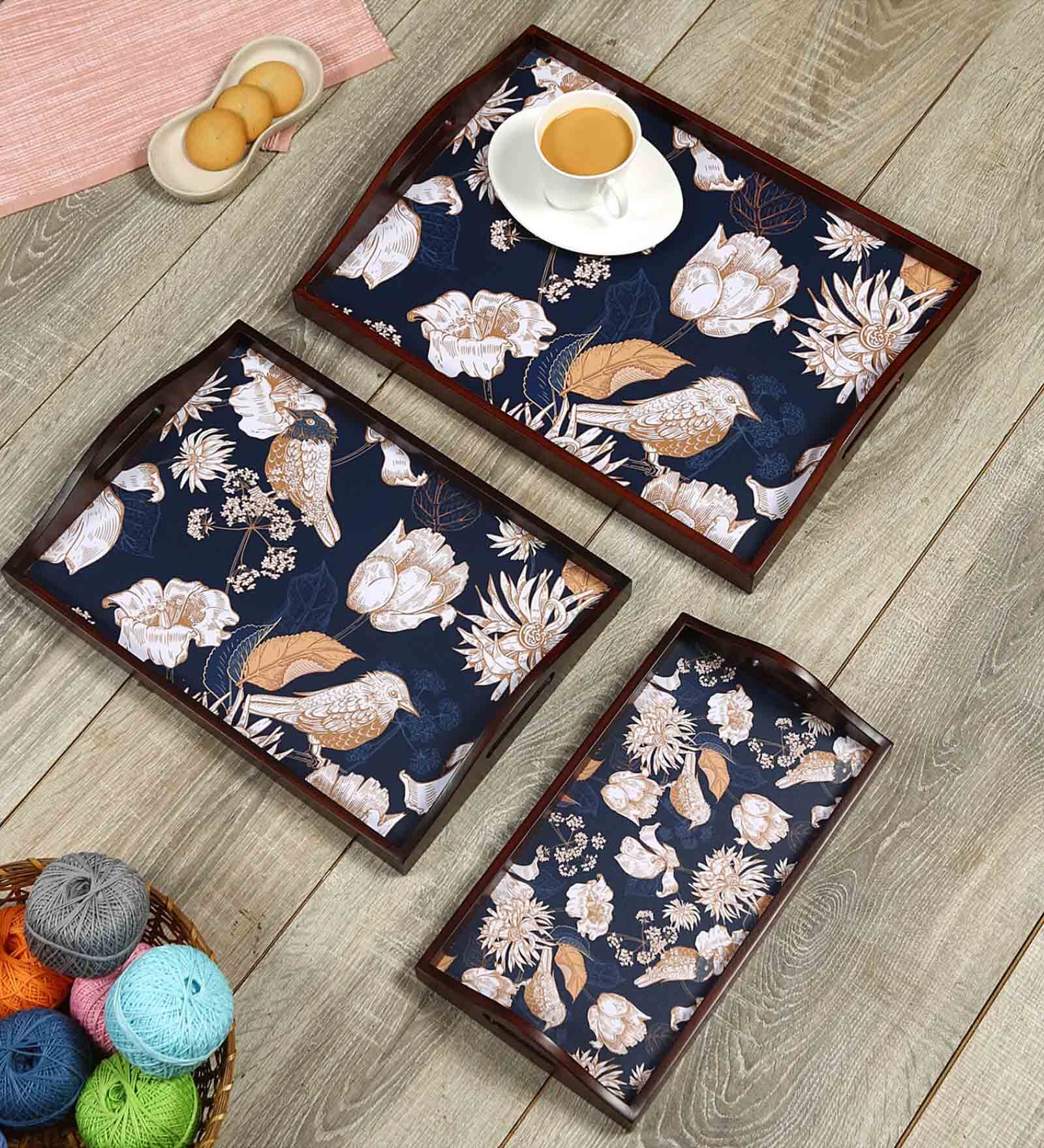 Tutsi Bird Brown Teak Wood & MDF Serving Tray (Set of 3) Reinvention factory