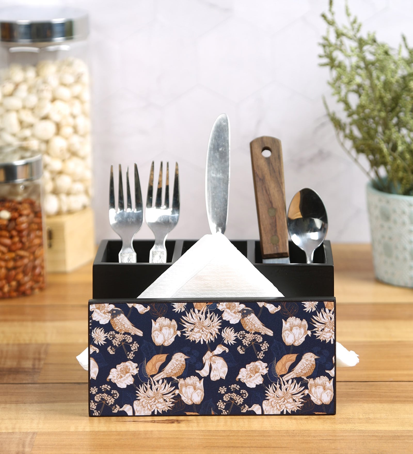 Tutsi Bird Multicolor MDF Cutlery and Tissue Holder