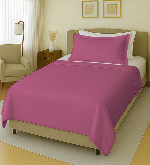 Tuberose Pink Solid 144 TC 100 % Cotton Single Bedhseet with 1 Pillow Cover