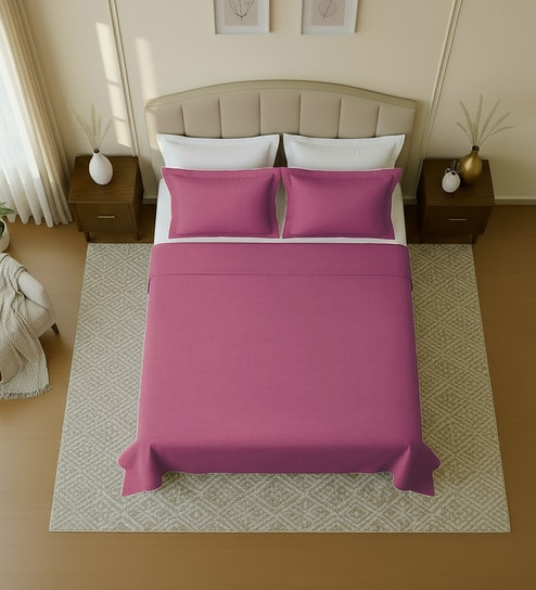 Tuberose Pink Solid 144 TC Cotton Double Size Bedsheet With 2 Pillow Covers