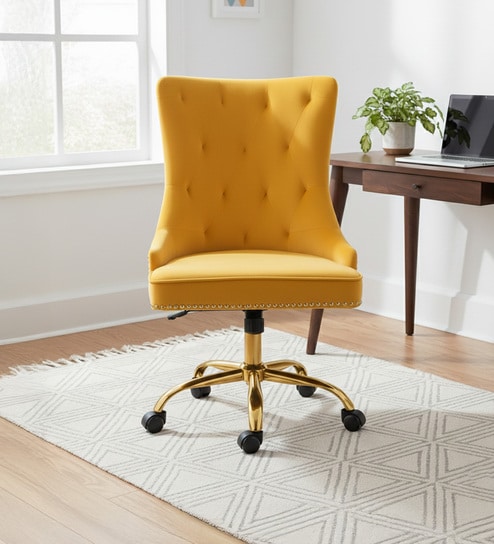 Tufted Boss Velvet Fabric Guest Chair In Yellow Colour