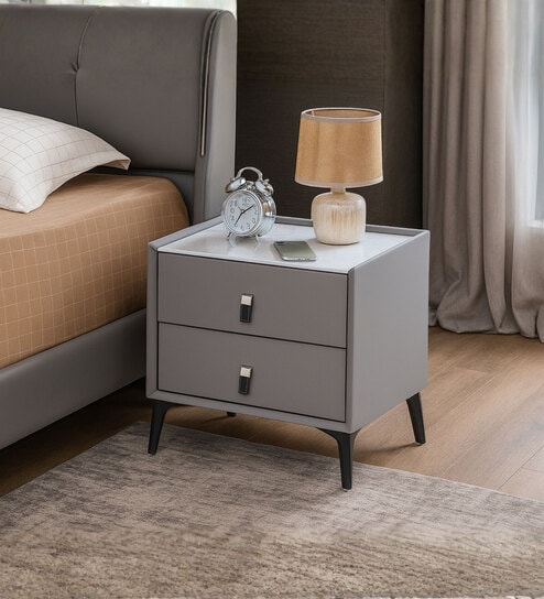 Turin Stone Top Italian Bedside Table With Drawers In Grey Finish