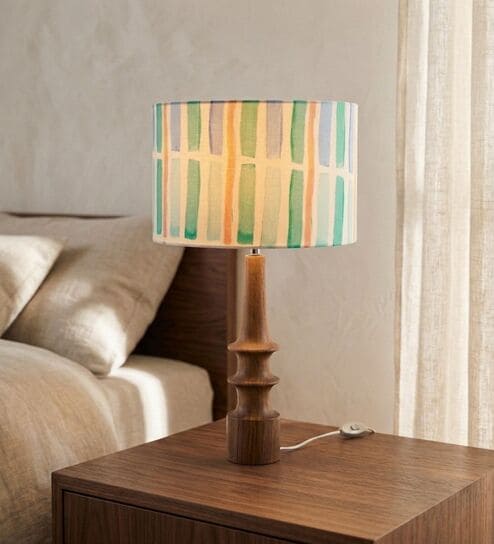 Green Turned Handcrafted Wood Medium Drum Shade Table Lamp