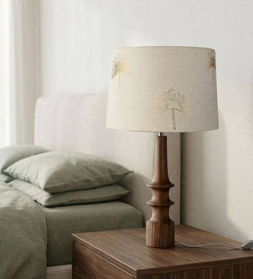 White & Gold Turned Handcrafted Medium Drum Shade Wood Table Lamp