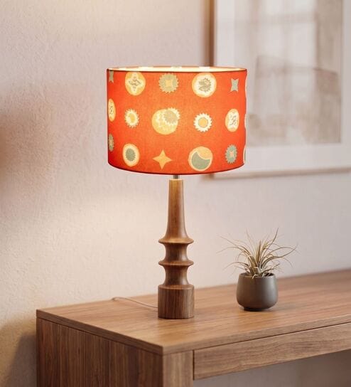 Orange Turned Handcrafted Wood Medium Drum Shade Table Lamp