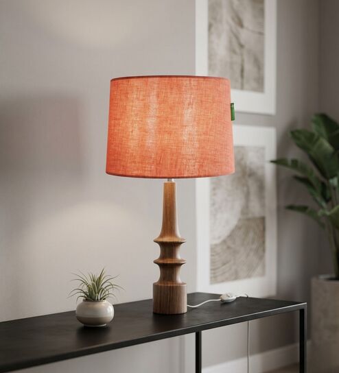 Red Turned Handcrafted Wood Medium Drum Shade Table Lamp