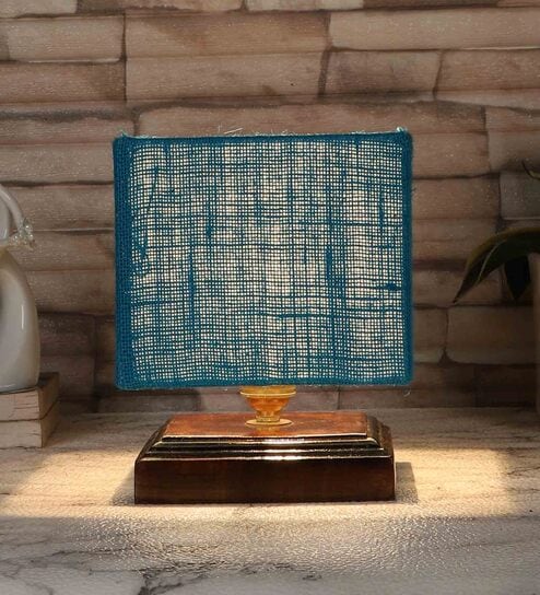 Turqouise Shade Table Lamp With Wood Base By New Era