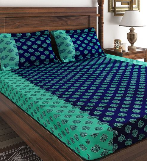 Buy Turquoise Cotton King Size Bedsheet Set Of 3 By Swayam