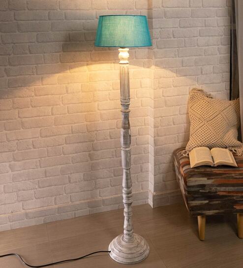 Turquoise Cotton Shade Floor Lamp With Wooden Base