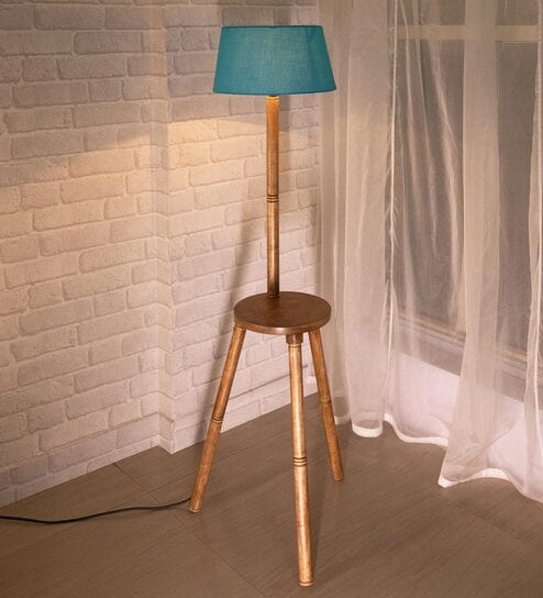 Turquoise Cotton Shade Tripod Floor Lamp With Wooden Base