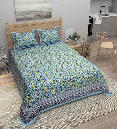 Turquoise Floral 180 TC Cotton  King Sized Bedsheet with 2 Pillow Covers
