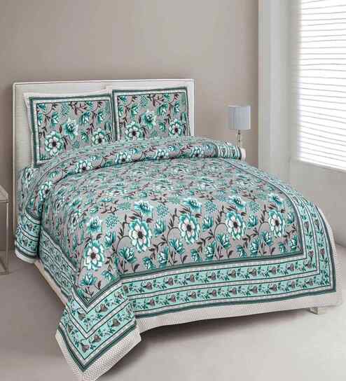 Turquoise Floral 180 TC Cotton  King Sized Bedsheet with 2 Pillow Covers