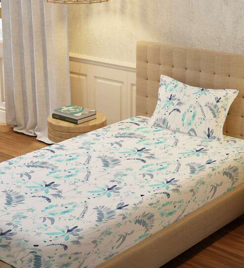Turquoise Floral 200 TC Cotton Single Bedsheet with 1 Pillow Cover