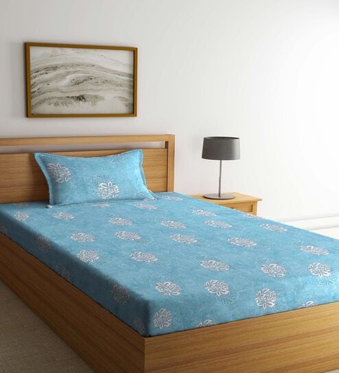 Turquoise Floral 400 TC Cotton Single Bedsheet with 1 Pillow Cover