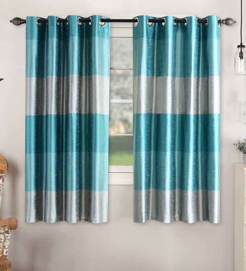 Turquoise Polyester Striped 5 Ft Blackout Eyelet 2 Window Curtains By Deco Window