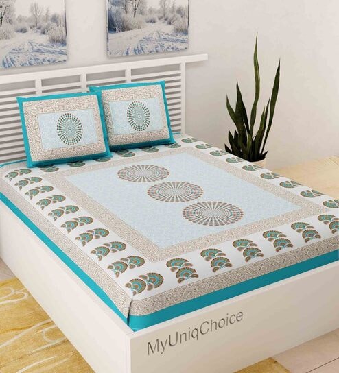 Turquoise Traditional 120 TC 100% Cotton Queen Bedsheet With 2 Pillow Covers