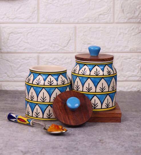 Turquoise White Jodhpuri Hand Painted Ceramic Jar with Wooden Lid Set of 2