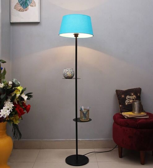 Gerard Turqouise Cotton Shade Shelf Floor Lamp With Metal Base