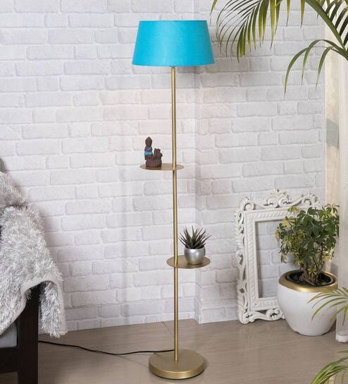 Felicity Turqouise Cotton Shade Shelf Floor Lamp With Metal Base