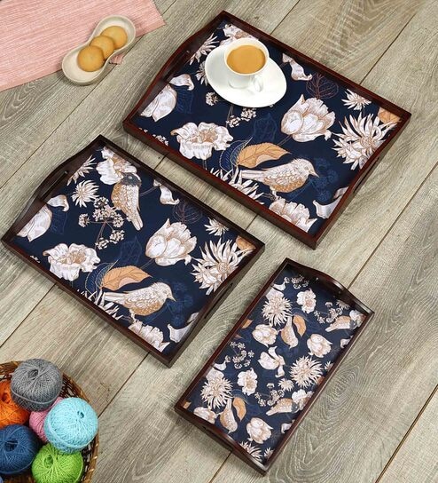 Tutsi Bird Brown Teak Wood & MDF Serving Tray (Set of 3) Reinvention factory