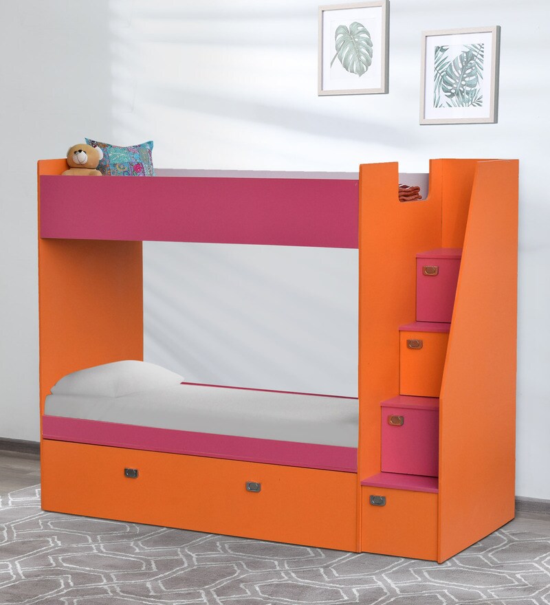 Buy Tuffy Bunk Bed with Drawer Storage in Pink and Orange Finish