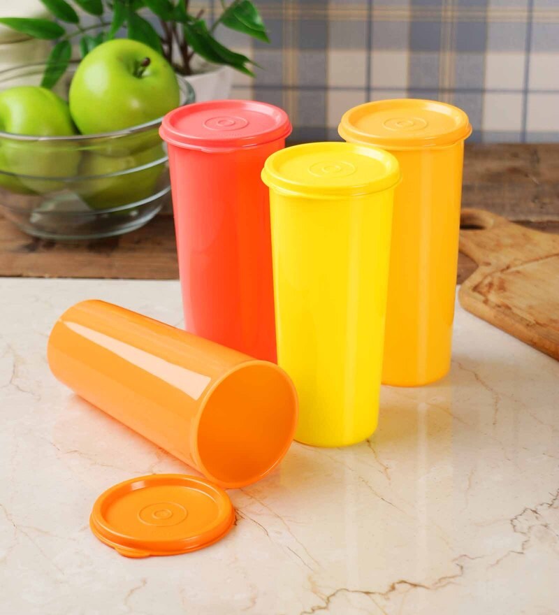 Buy Tupperware Jumbo Multicolour Plastic 470 ML Tumbler with lid Set of 4 Online Plastic