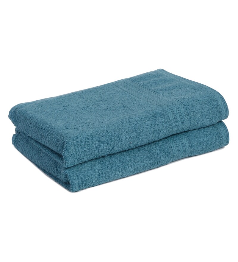 Buy Turquoise Cotton Solid 450 GSM Bath Towel (Set of 2) by Naksh