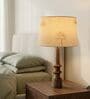 White & Gold Turned Handcrafted Medium Drum Shade Wood Table Lamp