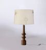 White & Gold Turned Handcrafted Medium Drum Shade Wood Table Lamp