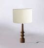 Off White Turned Handcrafted Wood Medium Drum Shade Table Lamp for Living Room