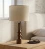 Off White Turned Handcrafted Wood Medium Drum Shade Table Lamp for Living Room