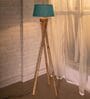 Turquoise Cotton Shade Tripod Floor Lamp With Wooden Base