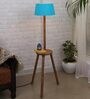 Turquoise Cotton Shade Tripod Floor Lamp With Wooden Base