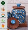 Turquoise Jodhpuri Hand Painted Ceramic Jar with Wooden Lid Set of 2