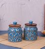 Turquoise Jodhpuri Hand Painted Ceramic Jar with Wooden Lid Set of 2